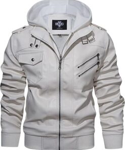 HOOD CREW Men’s Casual Stand Collar PU Faux Leather Zip-Up Motorcycle Bomber Jacket With a Removable Hood