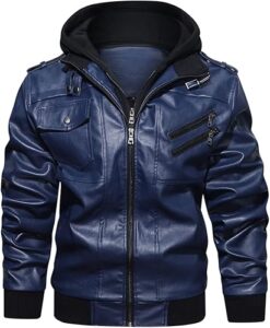 HOOD CREW Men’s Casual Stand Collar PU Faux Leather Zip-Up Motorcycle Bomber Jacket With a Removable Hood