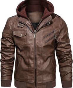 HOOD CREW Men’s Casual Stand Collar PU Faux Leather Zip-Up Motorcycle Bomber Jacket With a Removable Hood