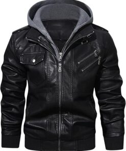 HOOD CREW Men’s Casual Stand Collar PU Faux Leather Zip-Up Motorcycle Bomber Jacket With a Removable Hood