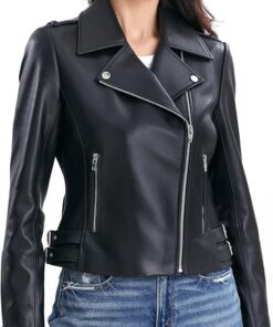 Lambskin Leather Jacket Women,Motorcycle Jacket,Asymmetrical Zip Style,Buckle Belts,Quilted Details