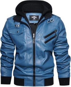 HOOD CREW Men’s Casual Stand Collar PU Faux Leather Zip-Up Motorcycle Bomber Jacket With a Removable Hood
