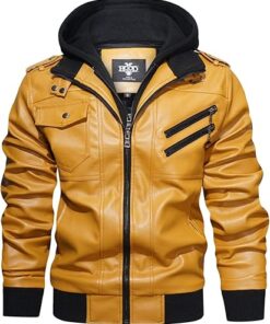 HOOD CREW Men’s Casual Stand Collar PU Faux Leather Zip-Up Motorcycle Bomber Jacket With a Removable Hood