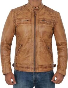 FJackets Real Lambskin Leather Biker Jacket - Quilted Cafe Racer Zip Up Moto Jackets Men