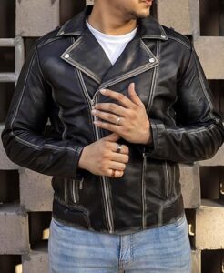 Jild Biker Style Genuine Leather Jacket Men - Vintage Look Asymmetric Zip-Up Hand Waxed Leather Lapel Style Motorcycle Jacket