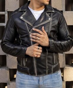 Jild Biker Style Genuine Leather Jacket Men - Vintage Look Asymmetric Zip-Up Hand Waxed Leather Lapel Style Motorcycle Jacket