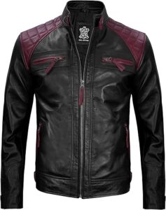 Black & Maroon Real Lambskin Leather Biker Jacket - Quilted Cafe Racer Zip Up Moto Jackets Men