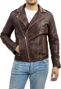Jild Biker Style Genuine Leather Jacket Men - Vintage Look Asymmetric Zip-Up Hand Waxed Leather Lapel Style Motorcycle Jacket