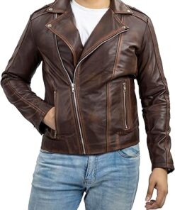 Jild Biker Style Genuine Leather Jacket Men - Vintage Look Asymmetric Zip-Up Hand Waxed Leather Lapel Style Motorcycle Jacket
